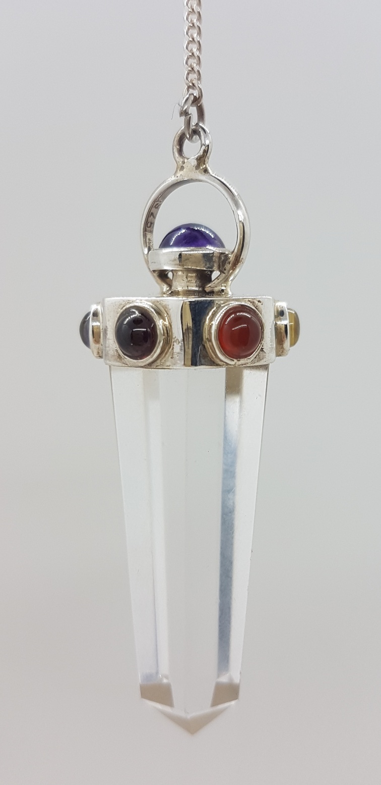 Clear Quartz with Chakra Stones Silver Set Pendulum
