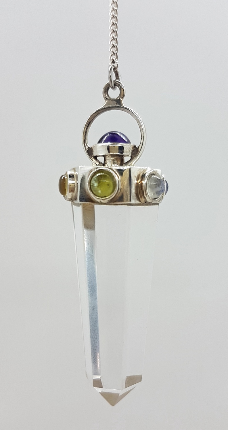 Clear Quartz with Chakra Stones Silver Set Pendulum