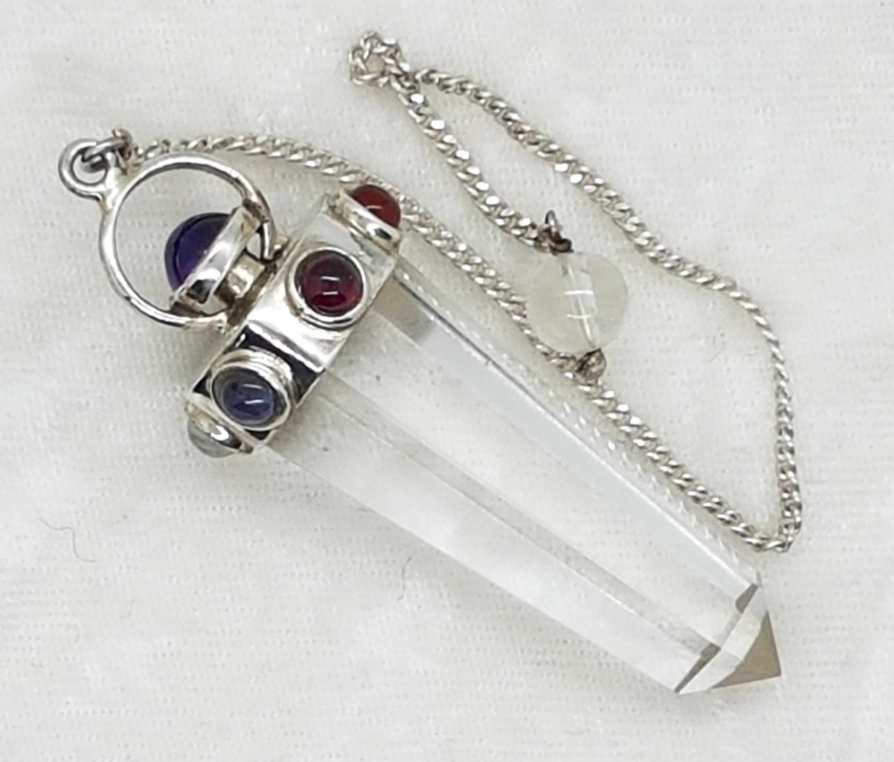 Clear Quartz with Chakra Stones Silver Set Pendulum