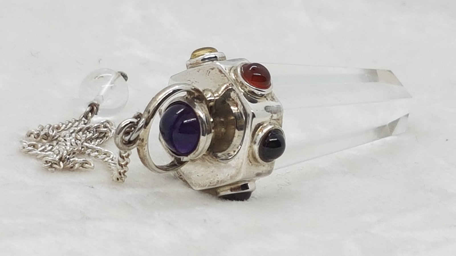 Clear Quartz with Chakra Stones Silver Set Pendulum