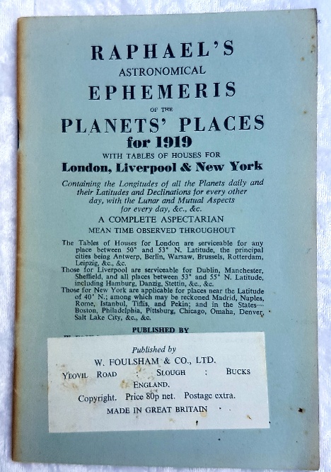 PRELOVED Raphael's Astronomical Ephemeris for 1919
