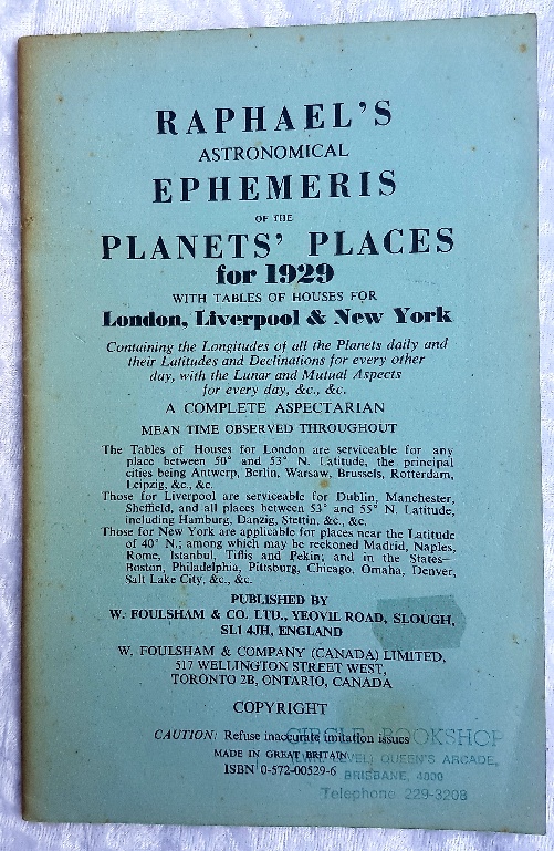 PRELOVED Raphael's Astronomical Ephemeris for 1929