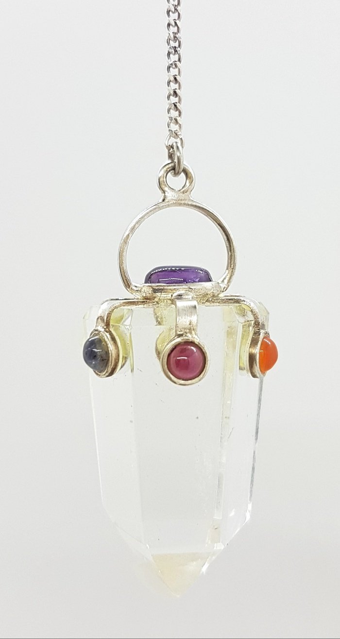 Clear Quartz with Chakra Stones Sterling Silver Spider Setting Pendulum