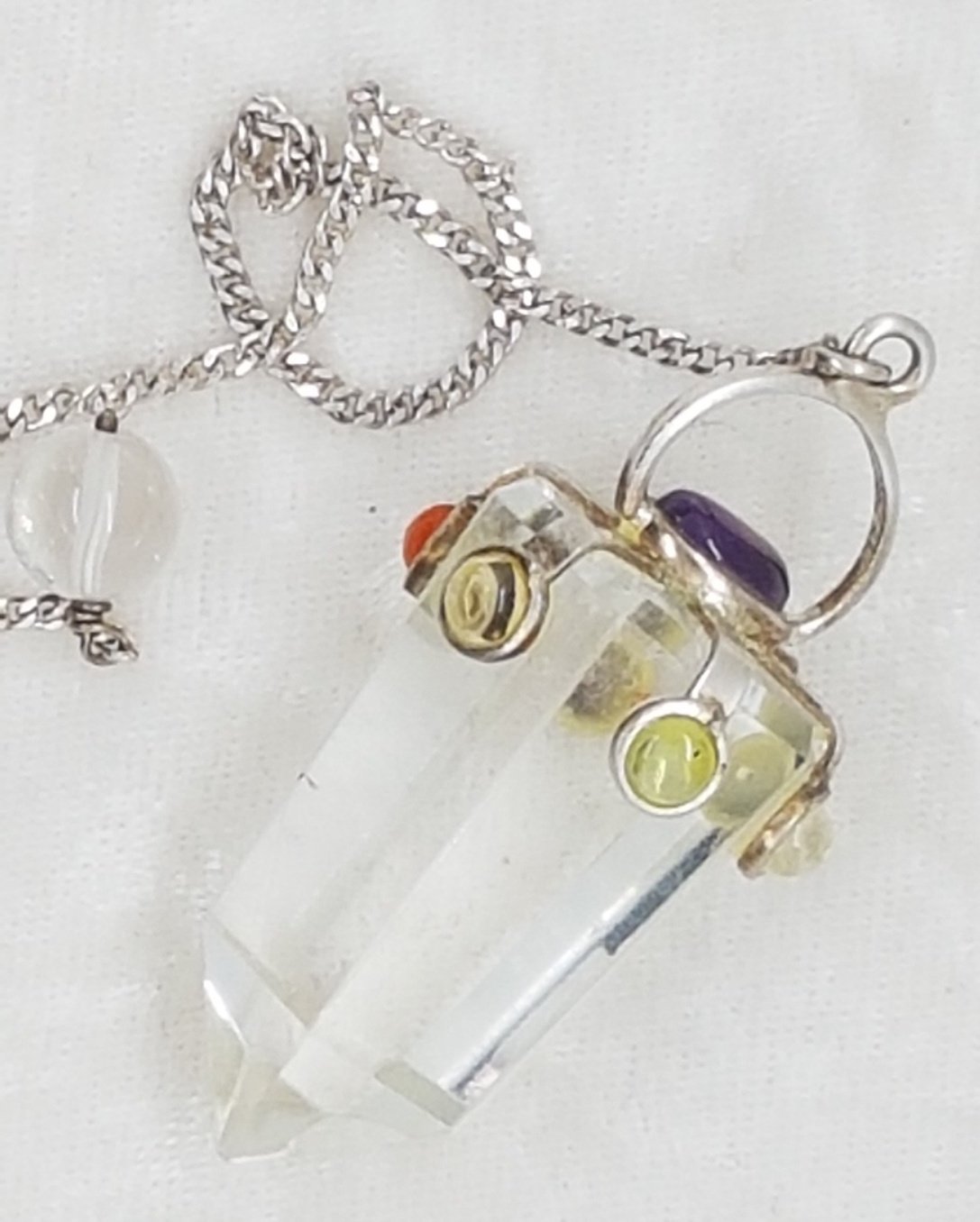 Clear Quartz with Chakra Stones Sterling Silver Spider Setting Pendulum