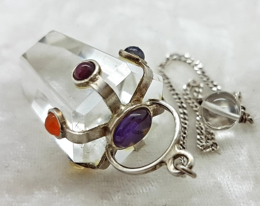 Clear Quartz with Chakra Stones Sterling Silver Spider Setting Pendulum